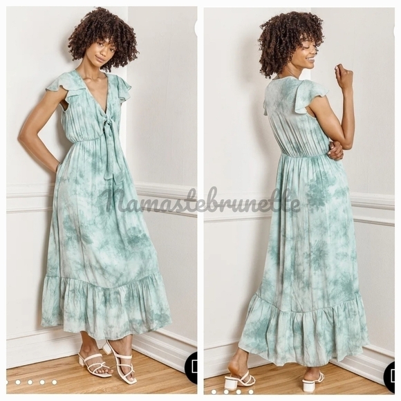Nwt Lulu's Sage Tie-Dye Tie-Front Tiered Midi Dress - Picture 3 of 17